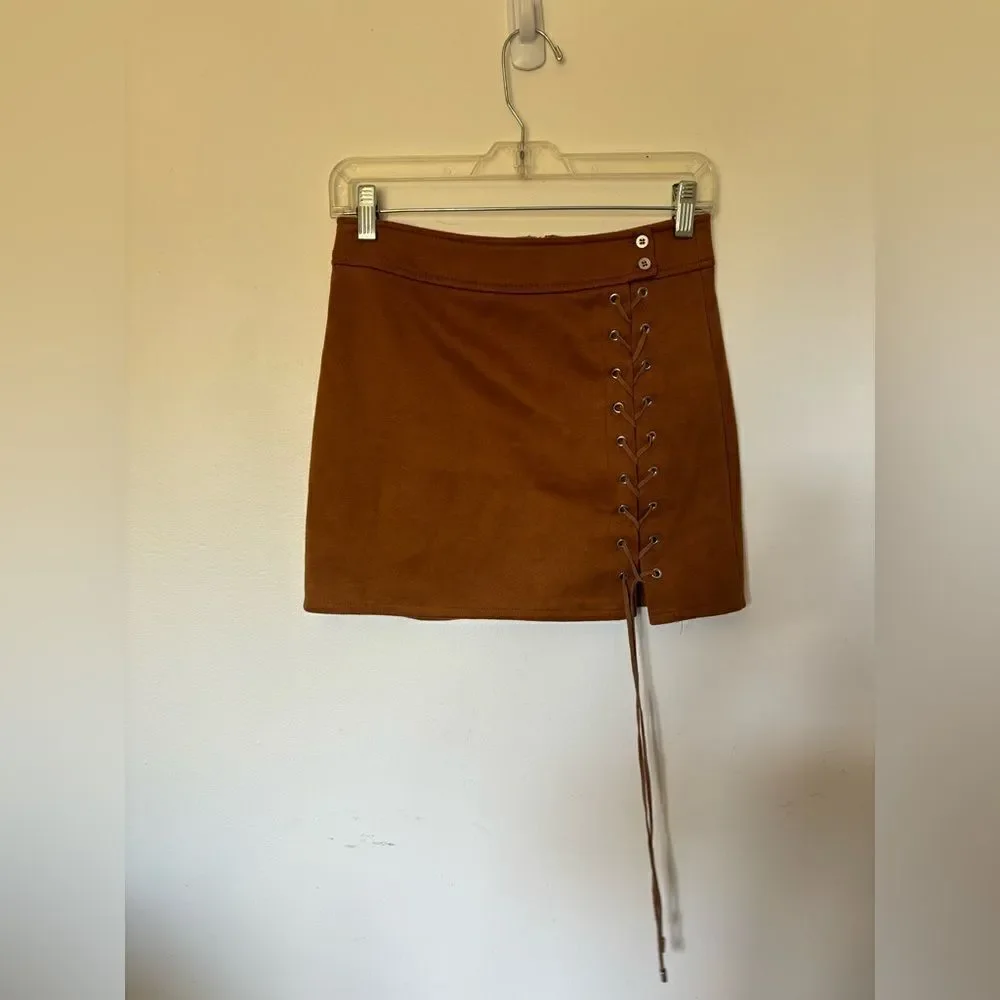 Dance & Marvel Faux Suede Lace Up Mini Skirt Tan Size Small